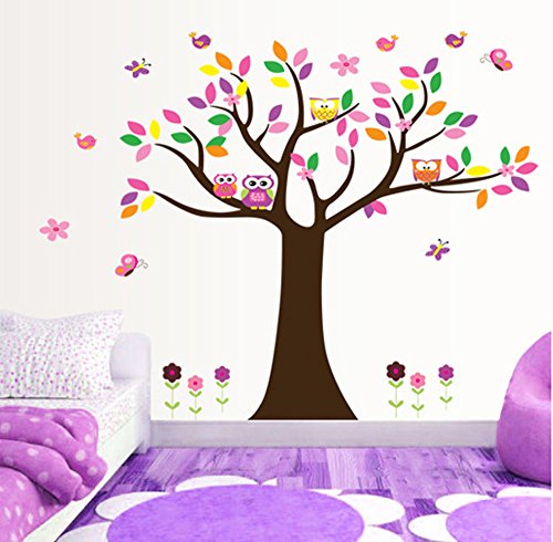 UfingoDeco Árbol Colorido y Búhos Preciosos Pegatinas de Pared, Vivero Habitación de los Niños Removible Etiquetas de la pared / Murales