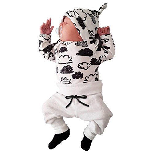 ropa bebe nino recien nacido otoño Switchali Impresión de la nube blusa bebe niña manga larga Camisetas Bebé Conjuntos moda camisa + Pantalones + Sombrero (3 piezas) (70 (0~3meses), Blanco)