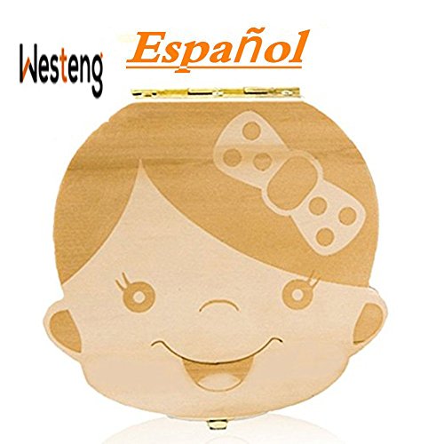 Westeng Caja Almacenamiento Madera Almacenaje Para Dientes De Leche Niña Letra Español,1Pcs