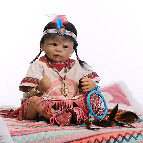 NPKDOLL Piel Renacer De La Muñeca Del Estilo De La India Negro 22 Pulgadas 55 Centímetro De Silicona Vinilo Magnética Boca Realista Niño Niña De Juguete Dreamcatcher Reborn Doll A1ES