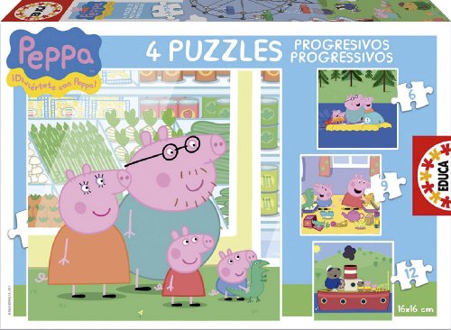 Peppa Pig – Puzzles progresivos: 6 – 9 – 12 – 16 piezas (Educa Borrás 15918)