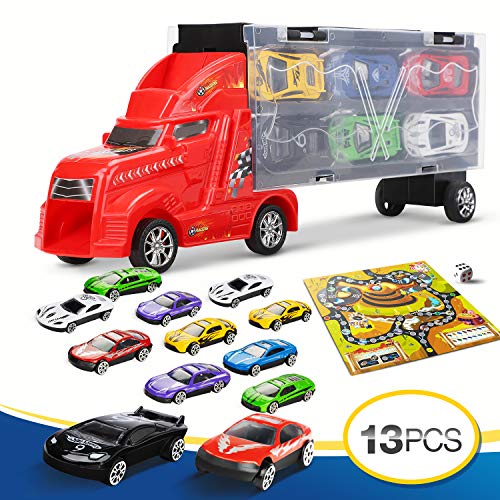 LENBEST Camión transportador, Coches Juguete para Niños, Un Total 12 Coches, Maletín portacoches – 6 Colores, Cada uno Color Tiene Dos Coches, 3 Años o Más Jugar