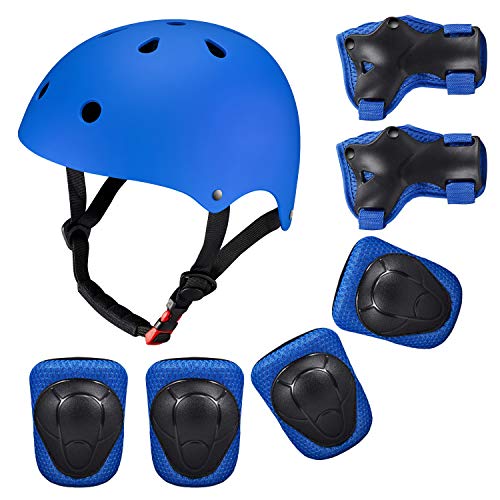 Casco Rodilleras y Coderas Para Niños Protecciones Skate Patines SKL Casco Tamaño Ajustable Deportivos BMX Bicicleta, Monopatín (Azul)