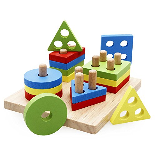 Rolimate Madera Forma Bebé y color Reconocimiento colorido geométrico Junta Pila y Ordenar Puzzle Toy