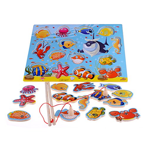 14 de baño Peces educativos de madera magnética juego de pesca, juguetes del regalo de cumpleaños para los 2 3 4 años que los niños del cabrito del niño bebé Imán del muchacho de la muchacha juguete